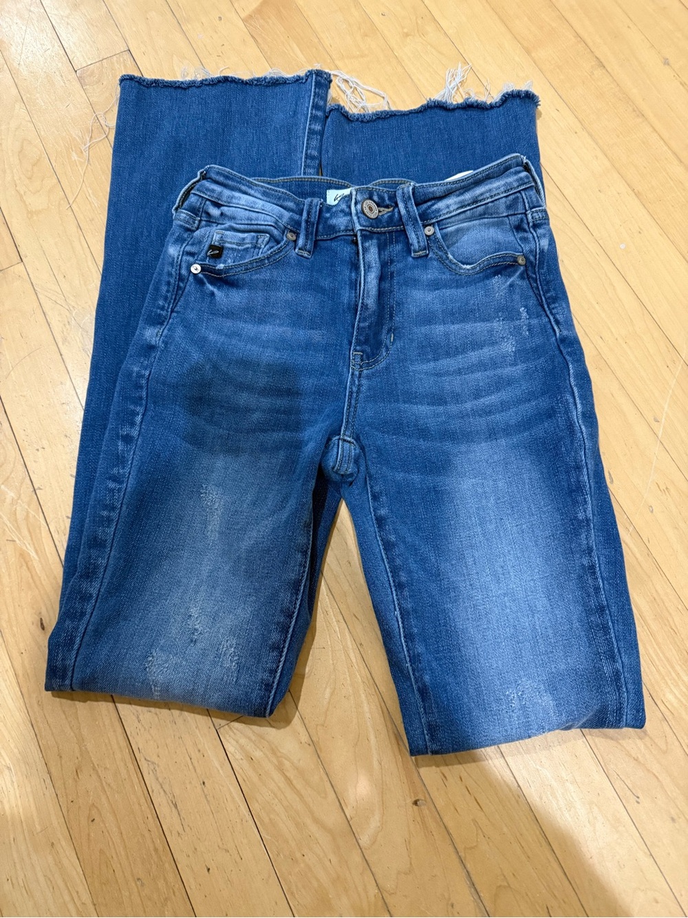 KanCan Women's Blue Flare Jeans with Frayed Hem